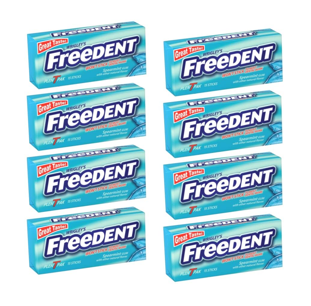 Wrigley's Freedent Spearmint Chewing Gum, 15 Piece, 8 Pack, Non-Stick to Dental Work