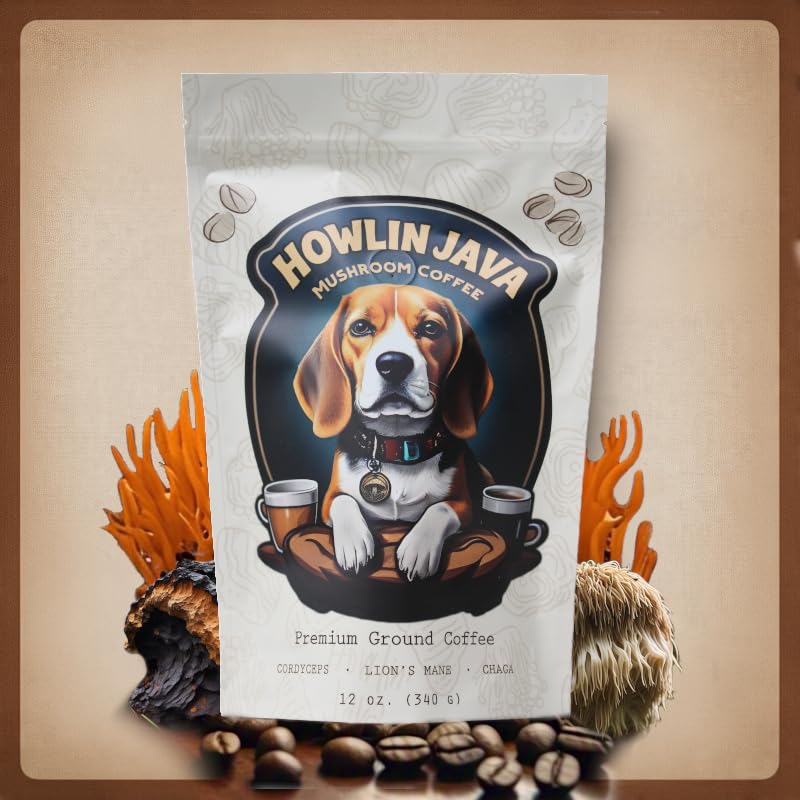 Howlin Java Mushroom Coffee, Premium Ground Coffee with 1 gram each of Lion's Mane, Chaga, and Cordyceps. Increase Energy, Focus, and Immunity