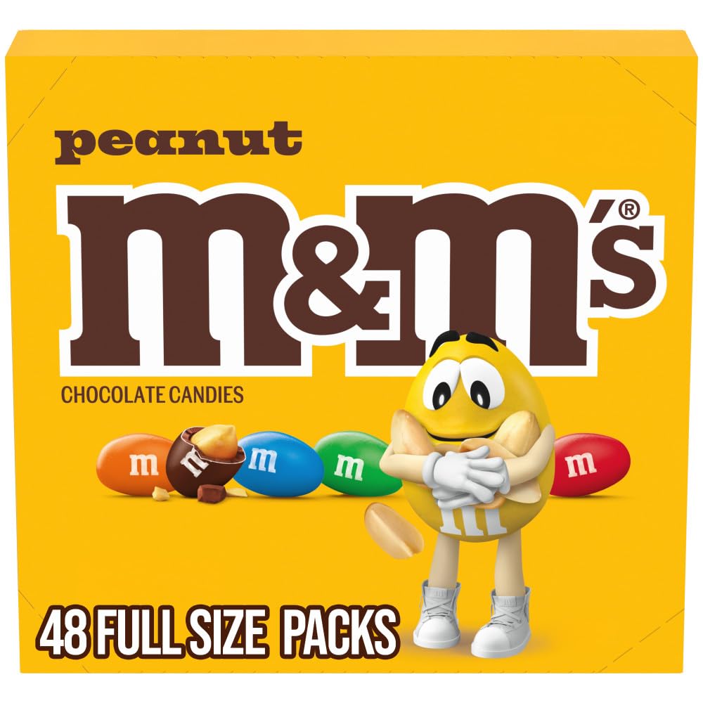 M&M'S Peanut Chocolate Candy, Individually Wrapped Full Size 1.74 oz Bag, Pack of 48 Bulk Candy Chocolate for Parties, Baking and Sharing