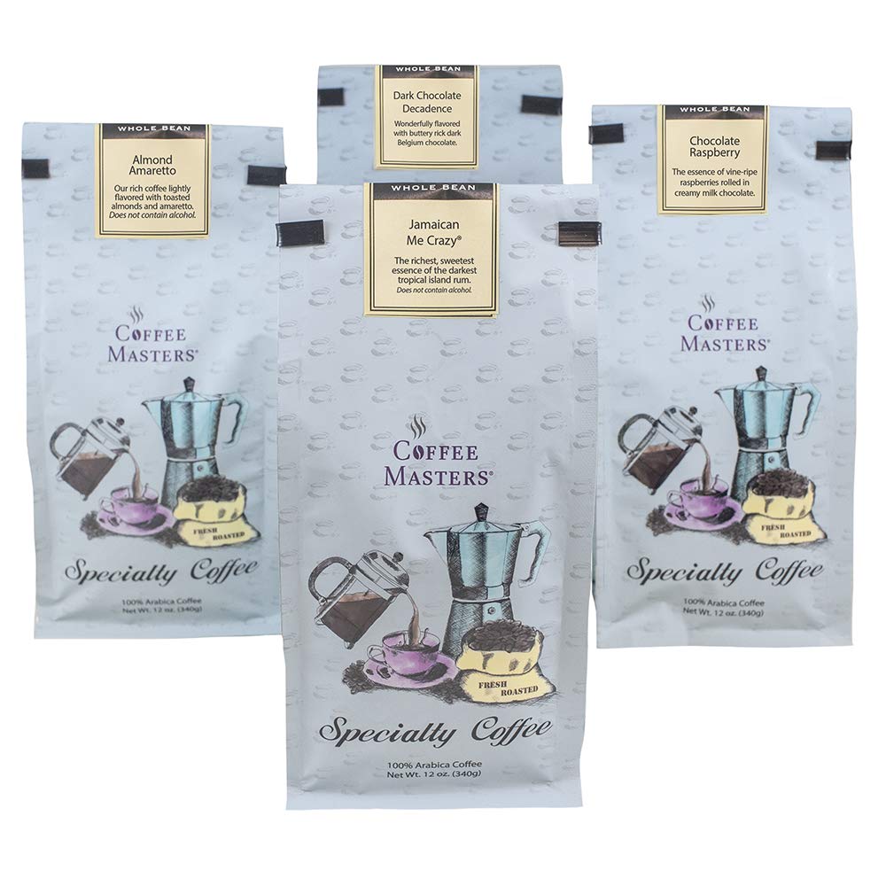 Coffee Masters Whole Bean Coffee Sampler, Jamaican Me Crazy, Vanilla Nut Creme, Caramel Kiss, Highlander Grogg, 48 Ounce