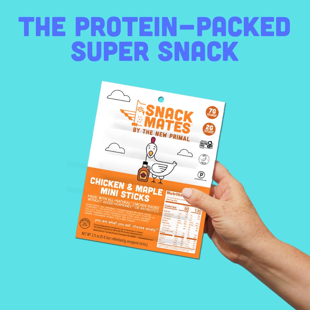 Snack Mates by The New Primal, Chicken & Maple Stick, All-Natural Chicken, High Protein and Low Sugar Kids Snack, Certified Paleo, Certified