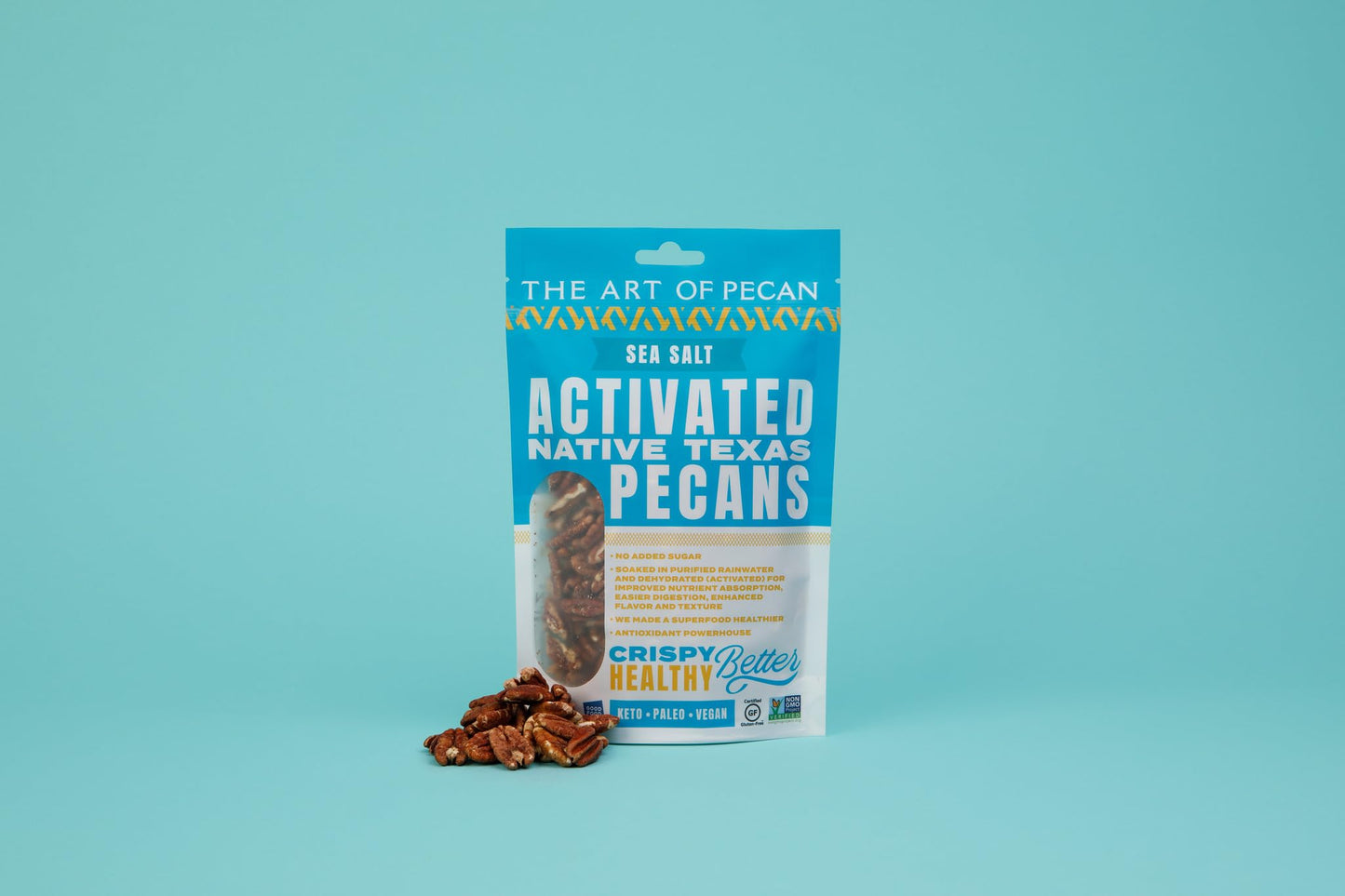 AOP Sea Salt Activated Native Texas Pecans, naturally crunchy, soaked and dehydrated, very low sugar premium snack. Non-GMO, Gluten-Free, Vegan