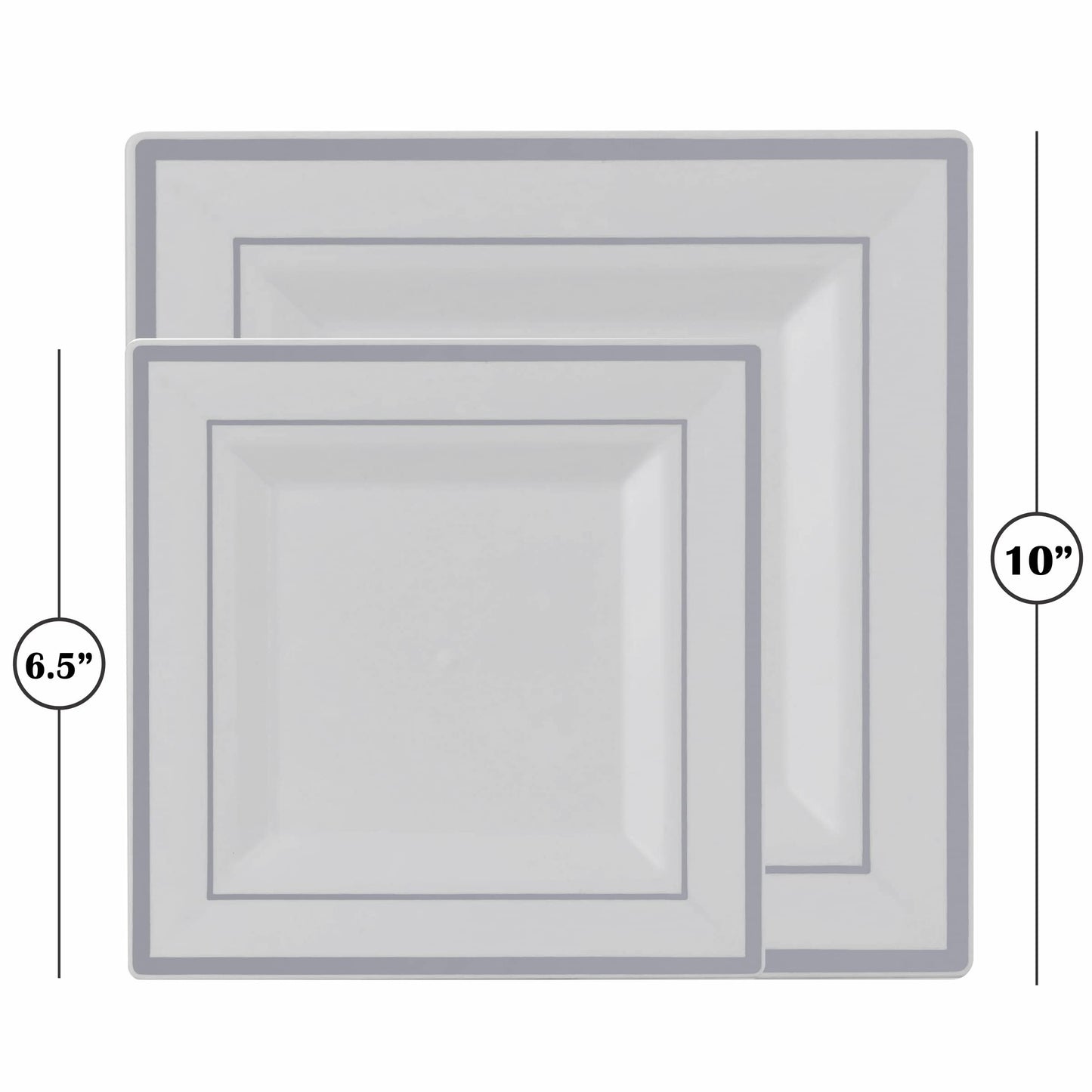 Gold Disposable Plates Set For 50 Guest - 350 Piece Silver Plastic Dinnerware Set - 100 Silver Rimmed Square Plastic Plates, 50 Silver Rimmed Plastic