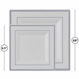 Gold Disposable Plates Set For 50 Guest - 350 Piece Silver Plastic Dinnerware Set - 100 Silver Rimmed Square Plastic Plates, 50 Silver Rimmed Plastic