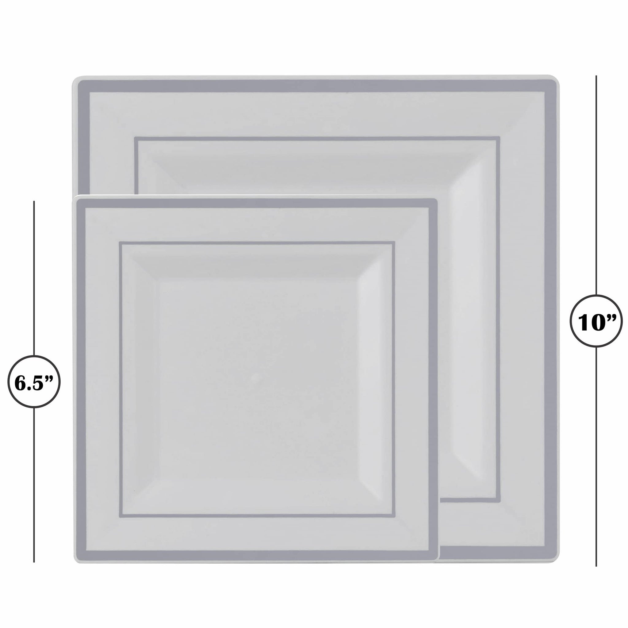 Gold Disposable Plates Set For 50 Guest - 350 Piece Silver Plastic Dinnerware Set - 100 Silver Rimmed Square Plastic Plates, 50 Silver Rimmed Plastic