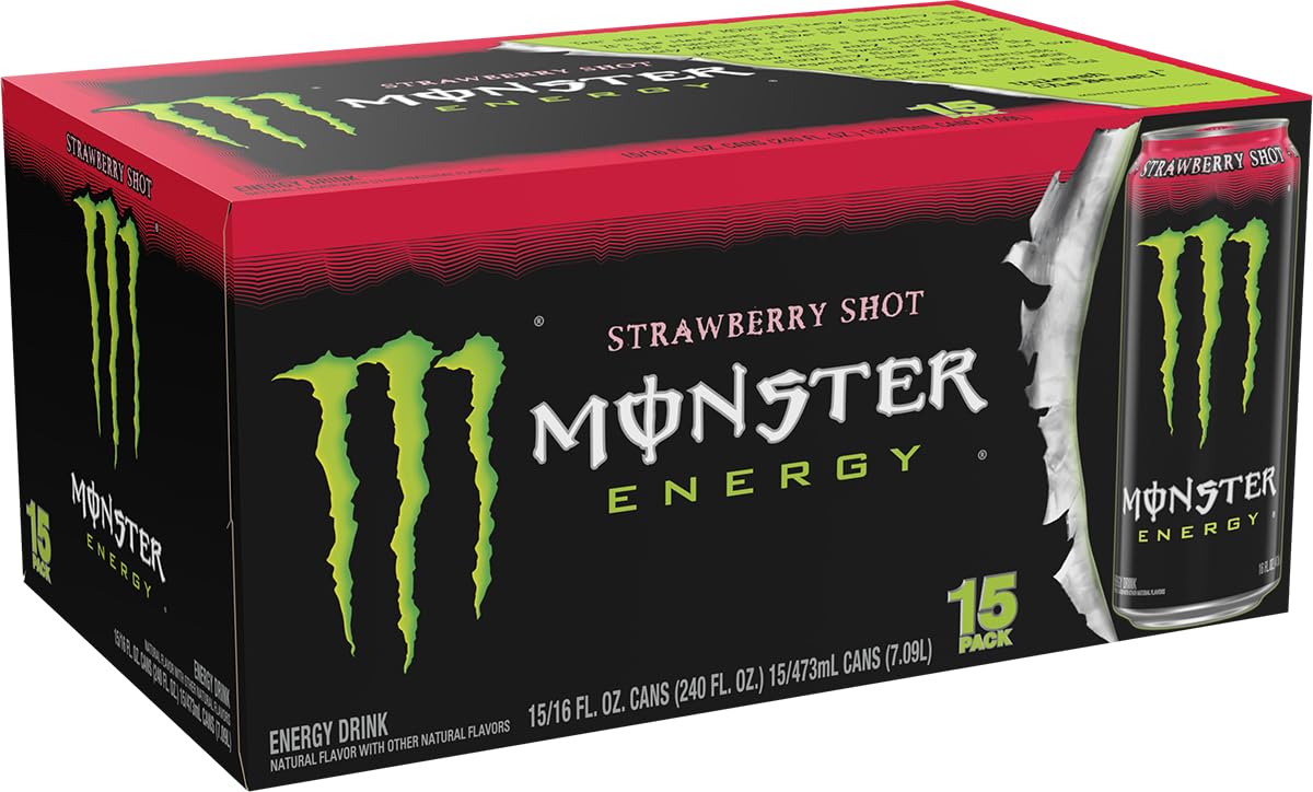 Monster Energy Strawberry Shot, Green, Original, Energy Drink, 16 Ounce (Pack of 15)