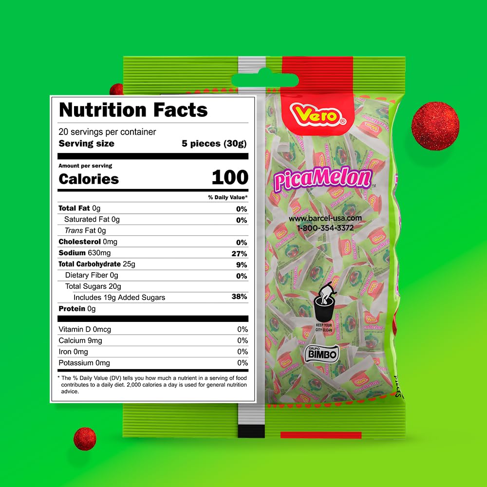Vero Picamelon - Watermelon Flavored Chewy Gummy Treats Coated in Chili Powder 100 Pieces (Net Wt. 1 Lb, 5,15 Ounces) - Individually Wrapped Mexican