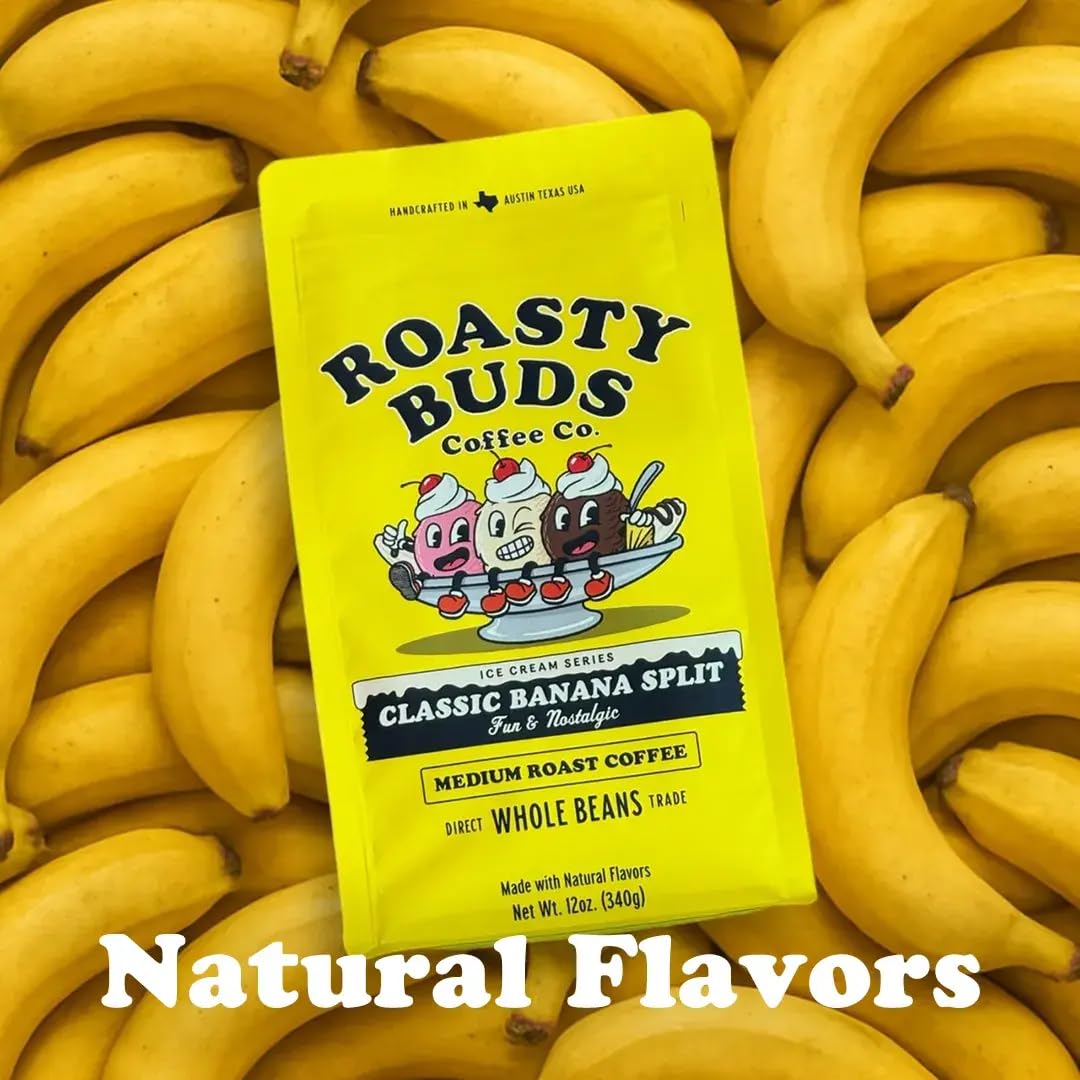 Roasty Buds Banana Split Ground Coffee 12oz | Flavored Dessert Coffee | Bold Roast | Gluten-Free, Non-GMO, No Sugar, Dairy, Soy, or Egg | Premium