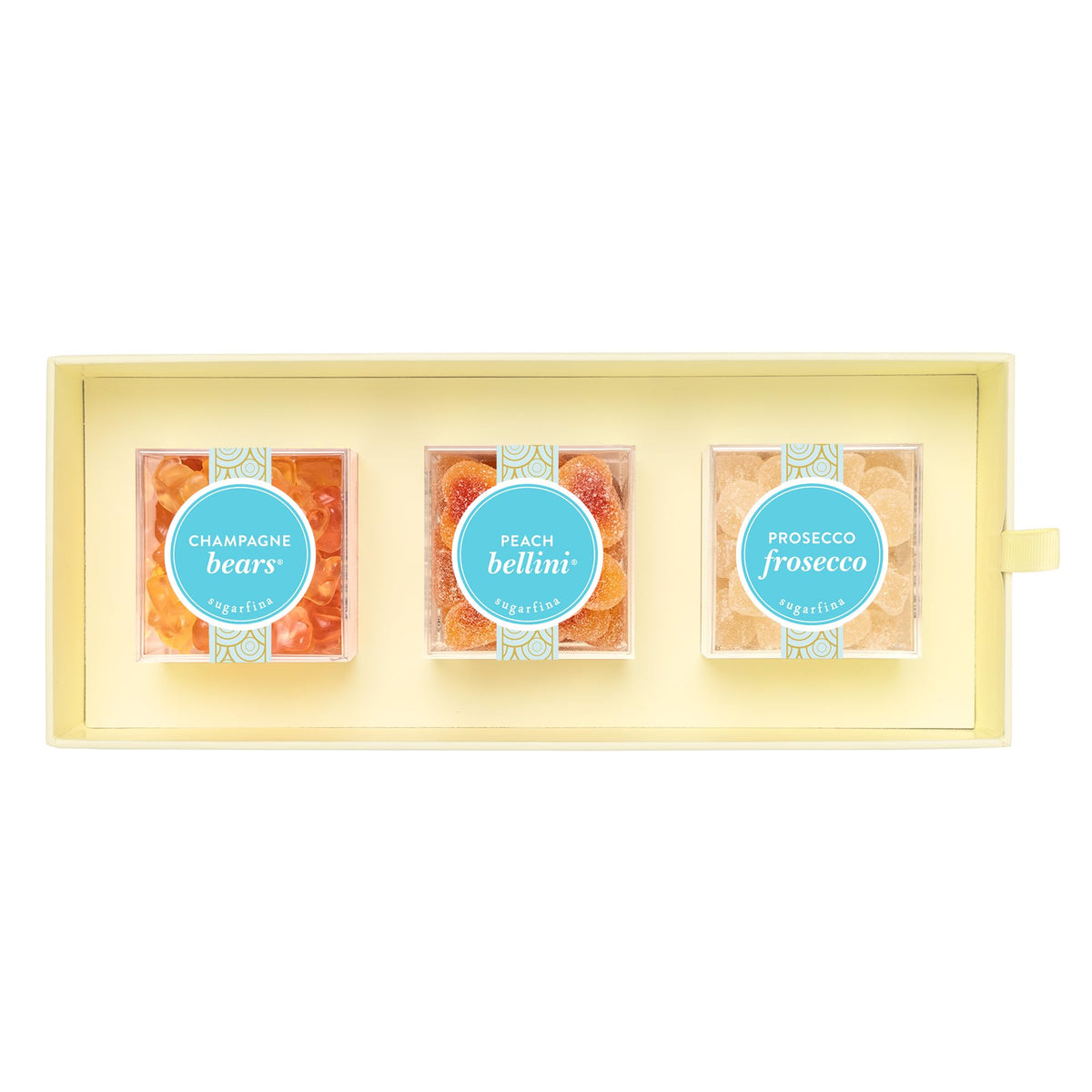 Sugarfina Cheers 3 Piece Candy Bento Box | Champagne Bears, Peach Bellini, Prosecco Frosecco