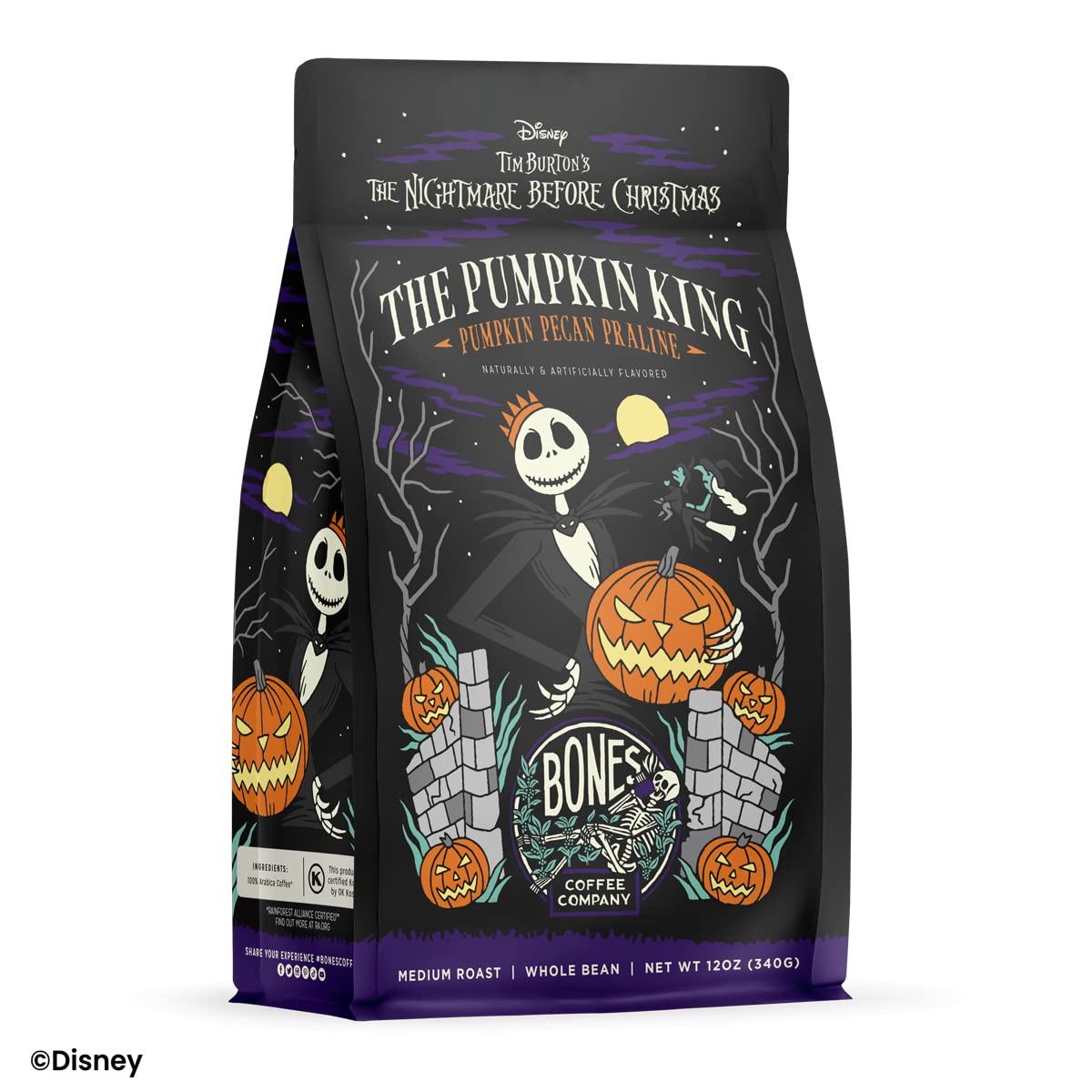 Bones Coffee Company The Nightmare Before Christmas Pumpkin King Flavored Coffee Beans, Medium Roast Ground Coffee Low Acid, Pumpkin Pecan Praline