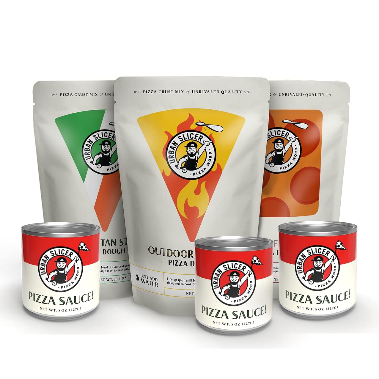 Urban Slicer Pizza Worx - 3 Pack Variety Pizza Doughs & 3 Pizza Sauces - Neapolitan, Deep Dish, and Grilling Dough - Pizza Making Kit - Makes 6 Pizzas