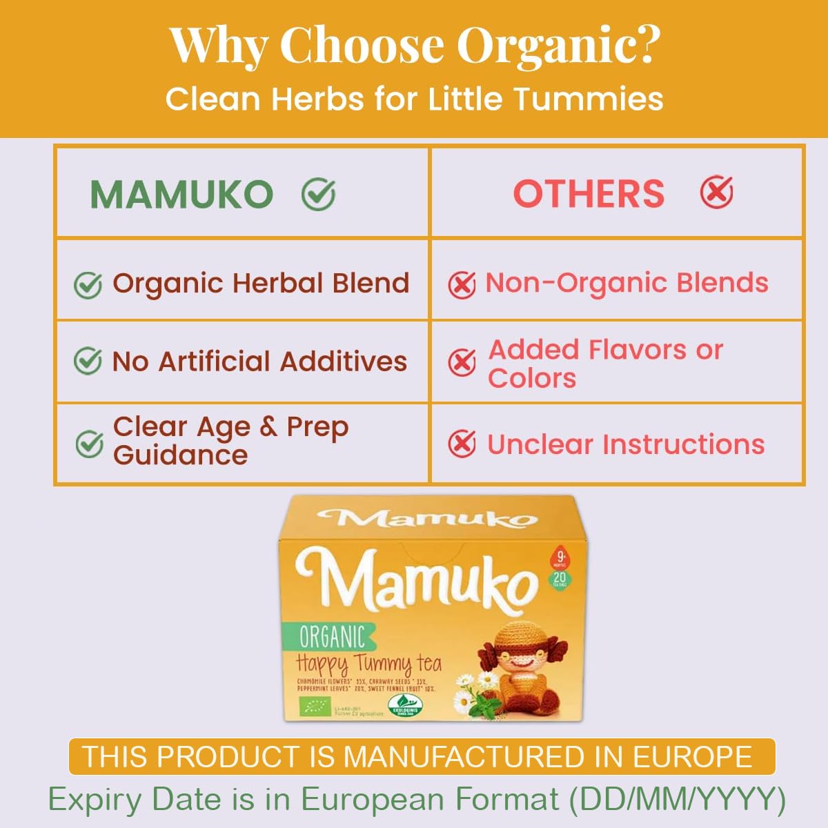 MAMUKO Organic Happy Tummy Tea for Babies - Tea for Bloating & Gas - Stomach Relief with Natural Ingredients & Flavor for 9-Months Plus