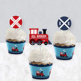 Big Dot of Happiness Railroad Party Crossing - Cupcake Decoration - Steam Train Birthday Party or Baby Shower Wrappers and Treat Picks Kit - Set of 24