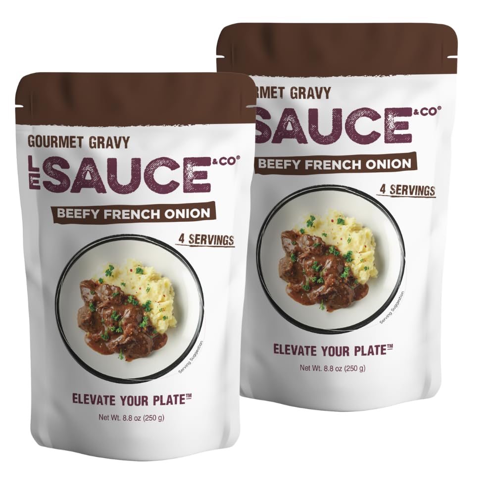 Le Sauce & Co. 4-serving Beefy French Onion Gourmet Gravy, (2-pack) Four Serving Gluten Free Beef Gravy, Premium Brown Gravy, Caramelized Onions