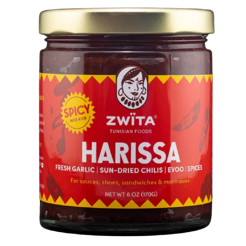 Zwita Spicy Harissa Paste - Award-Winning Authentic Tunisian Thick Sun-Dried Chili Paste With Fresh Garlic & Extra Virgin Olive Oil - Warm, Lingering