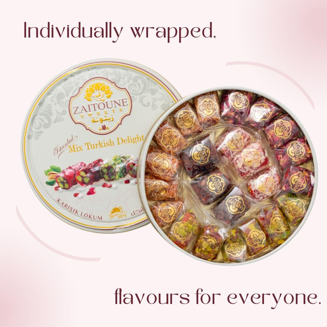 Zaitoune Turkish Delight Mix - 9 oz | Luxury Coatings of Pomegranate, Pistachio, Coconut, Kataifi & Rose | Authentic Lokum Sweet Assortment in a