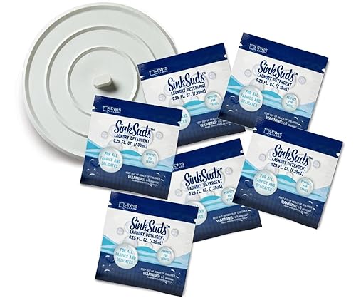 SinkSuds Laundry Detergent Travel Size Liquid Soap TSA Compliant Safe for All Fabrics 6 Packets & 1 Sink Stopper