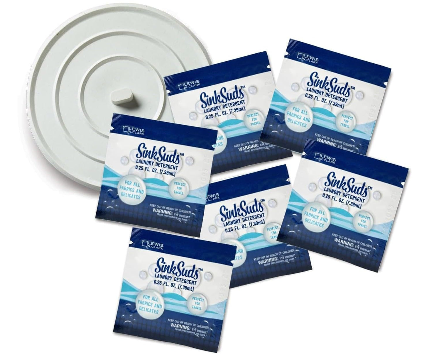 SinkSuds Laundry Detergent Travel Size Liquid Soap TSA Compliant Safe for All Fabrics 6 Packets & 1 Sink Stopper