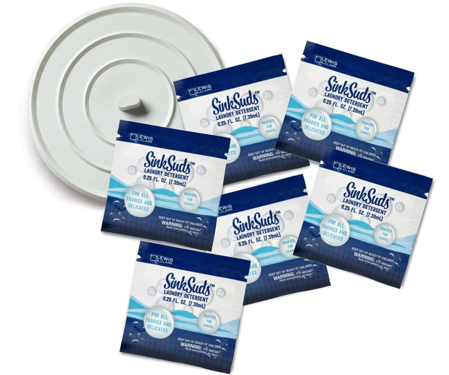 SinkSuds Laundry Detergent Travel Size Liquid Soap TSA Compliant Safe for All Fabrics 6 Packets & 1 Sink Stopper