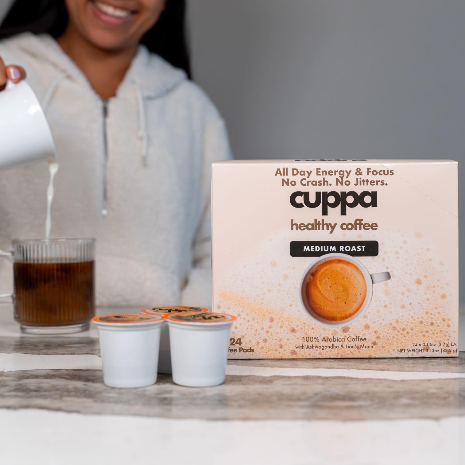 Cuppa Medium Roast Mushroom Coffee Pods with Adaptogens & Superfoods - Lion’s Mane, Ashwagandha & Cordyceps, Adaptogens + MCT to support natural
