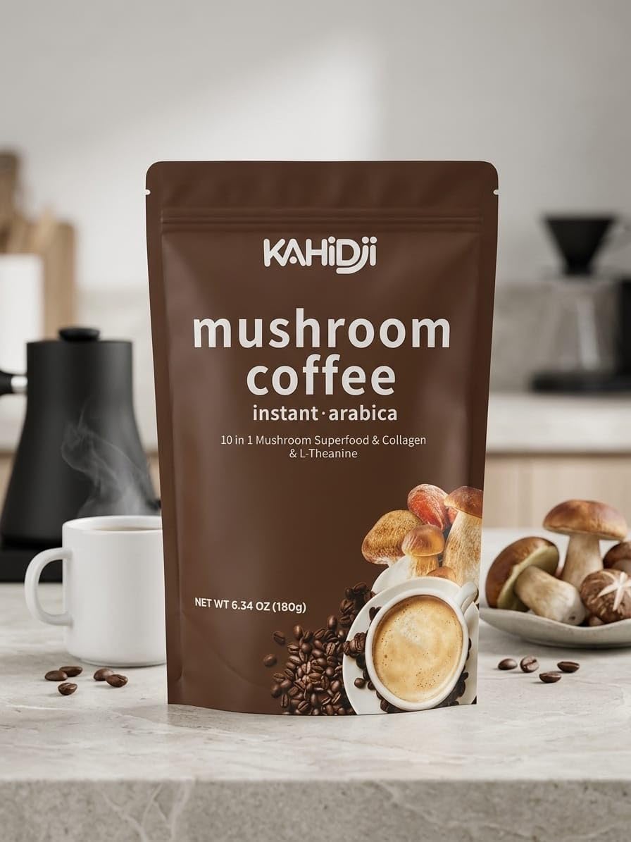 KAHIDJI Premium Mushroom Coffee with Collagen, 10 Mushroom Blend, Instant Coffee Mix, Caramel Macchiato Flavor, 180g