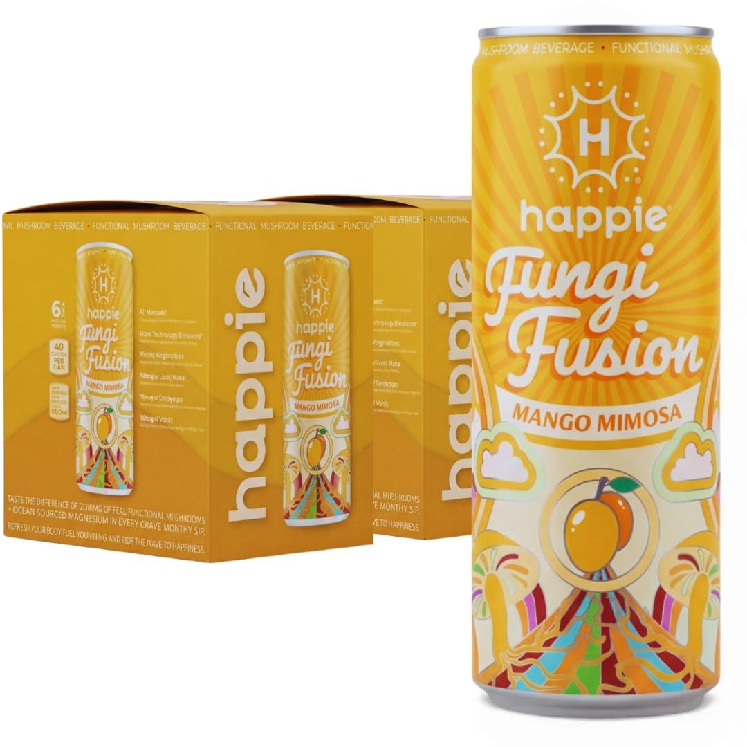Happie Fungi Fusion Mango - Sparkling Mushroom Drink with Lion's Mane (900mg), Cordyceps (700mg) & Red Reishi (400mg) - Plant-Based Nootropic, 40