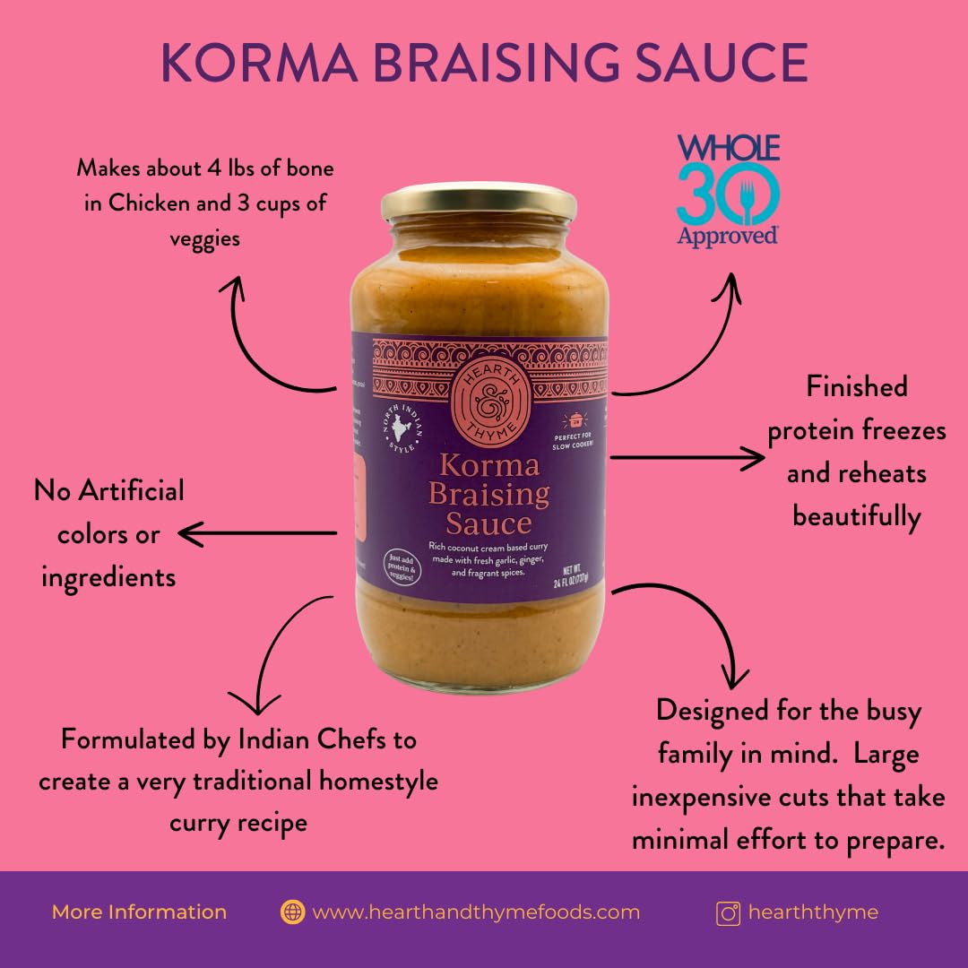 HEARTH&THYME Traditional Indian Curry Korma Braising Sauce 22.5 oz Made with Fragrant Spices and Fresh Garlic and Ginger. Not Another Simmer Sauce