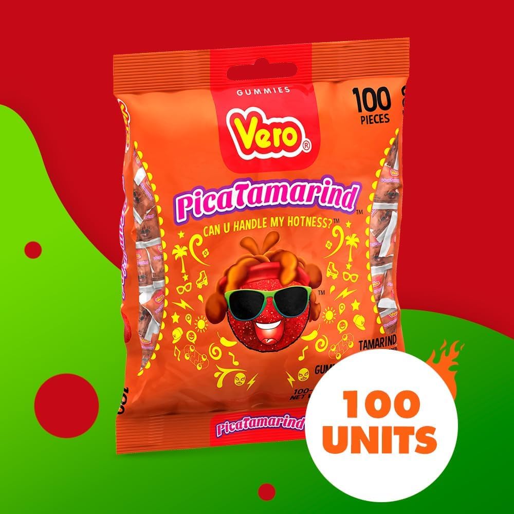 Vero PicaTamarind - Tamarind Flavor Chewy Gummy Treats Coated With Chili Powder & Sugar 100 Pieces (5.15 Oz) - Mexican Candy - Individually Wrapped
