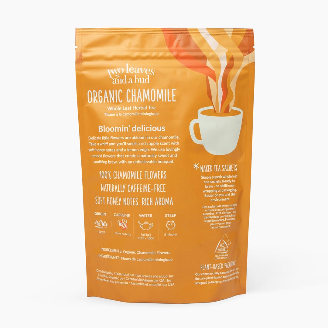 Two Leaves and a Bud Organic Chamomile - 50 Naked Tea Sachets, Naturally Caffeine Free, Whole Leaf Herbal Tea in Unwrapped Pyramid Sachets, Resealable