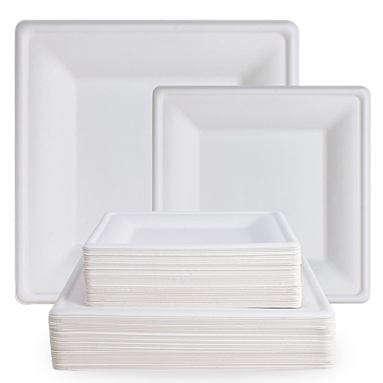 ECOLipak 120 Pack Compostable Paper Plates, 10 inch and 8 inch Heavy Duty Eco friendly Sugarcane Biodegradable Disposable Square Plates for Party