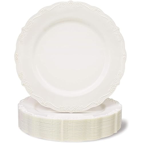 Juvale Disposable Plastic Dinner Plates - Cream Disposable Dinnerware for Weddings & Bridal Showers - Vintage Plastic Dinner Plates for Weddings