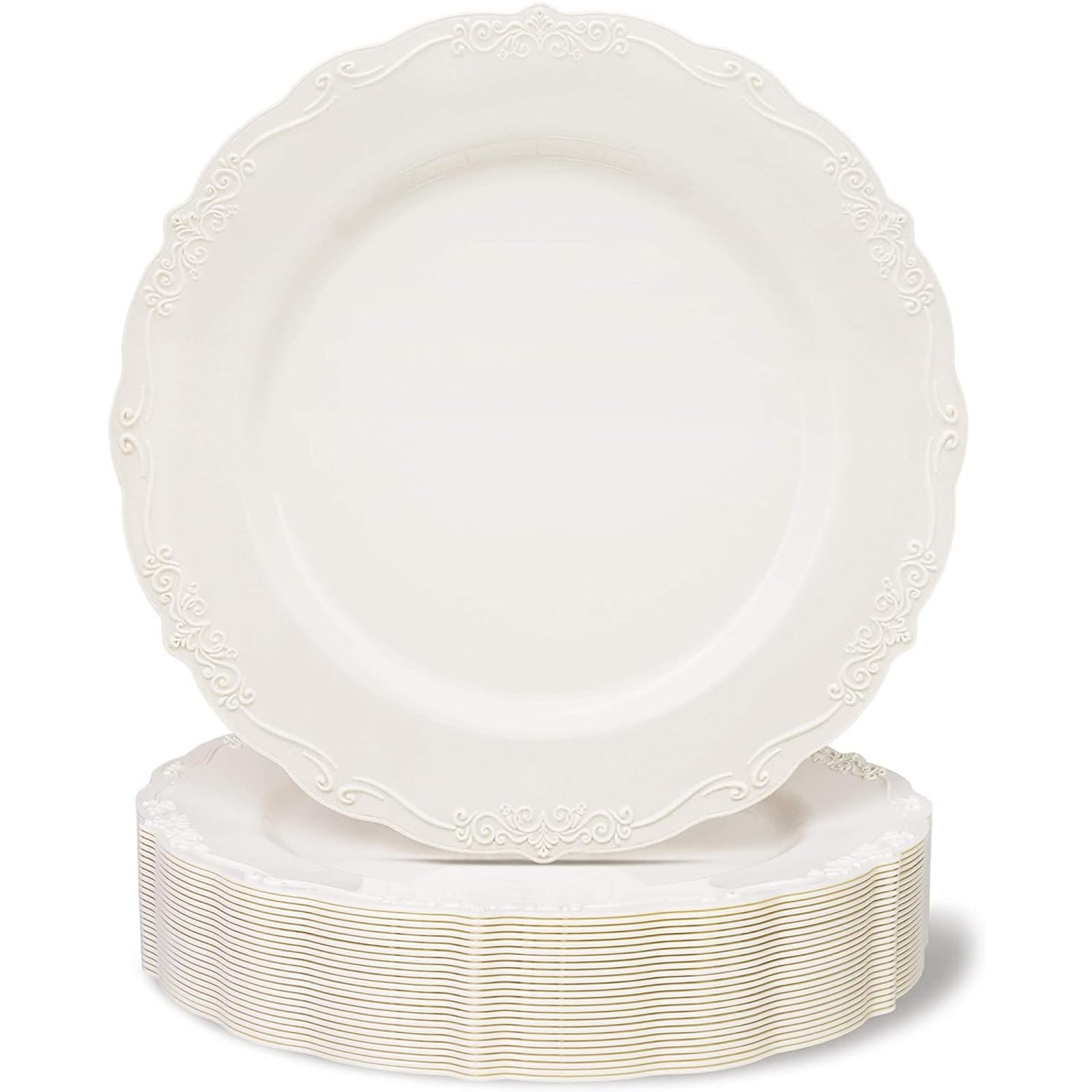 Juvale Disposable Plastic Dinner Plates - Cream Disposable Dinnerware for Weddings & Bridal Showers - Vintage Plastic Dinner Plates for Weddings