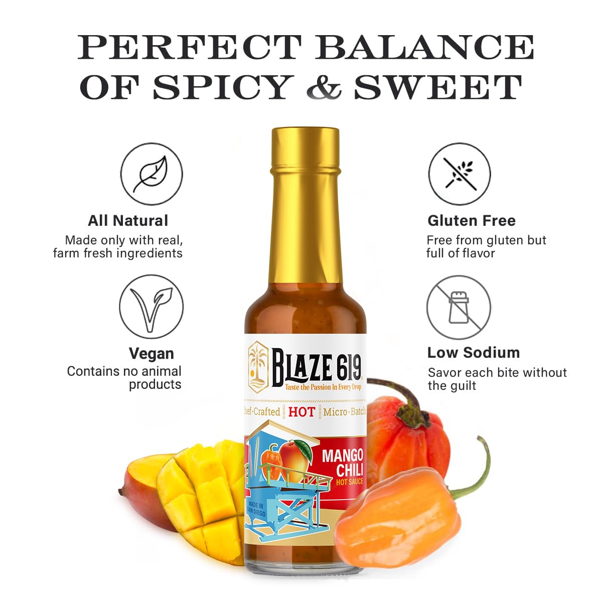 Blaze 619 Mango Chili Hot Sauce - Medium Spicy Handmade All Natural Gluten Free Low Sodium (5 oz.)