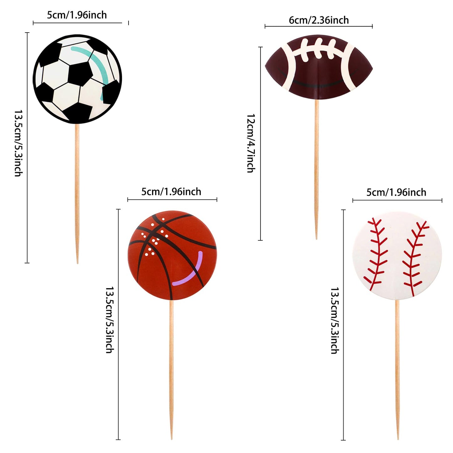 BLUE TOP 48pcs Two Side Sports Ball Cupcake Toppers Sports Theme Cupcake Picks Party Decor Football Baseball Basketball Rugby Decoration Picks