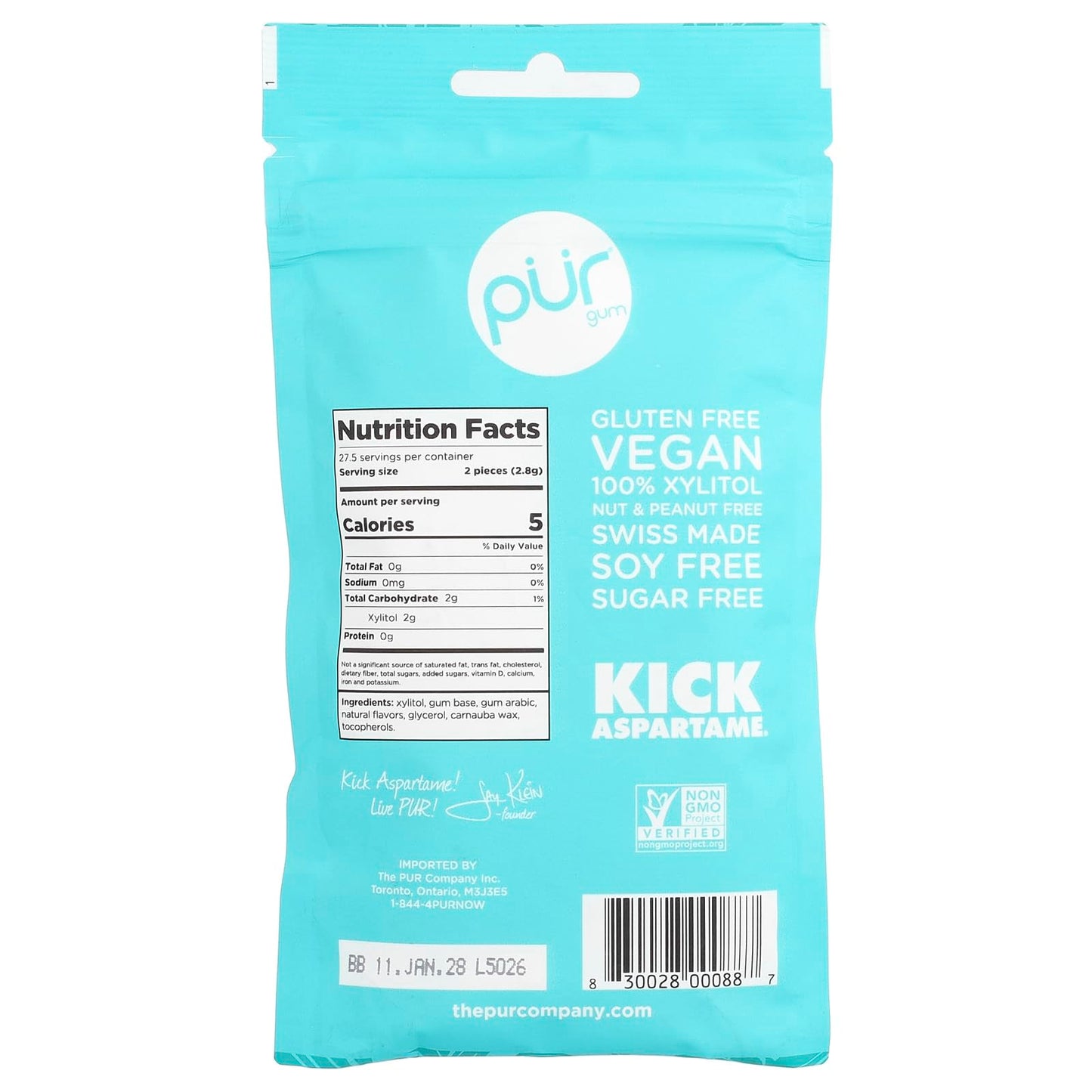 Pur Gum Wintergreen Gum, 80 Gram - 60 pieces per pack - 12 packs per case.