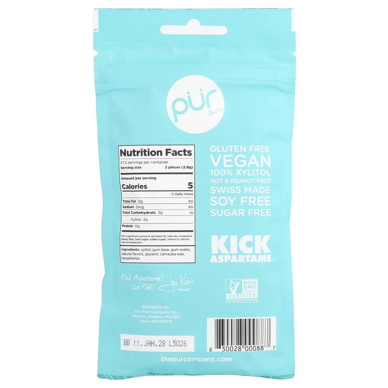Pur Gum Wintergreen Gum, 80 Gram - 60 pieces per pack - 12 packs per case.