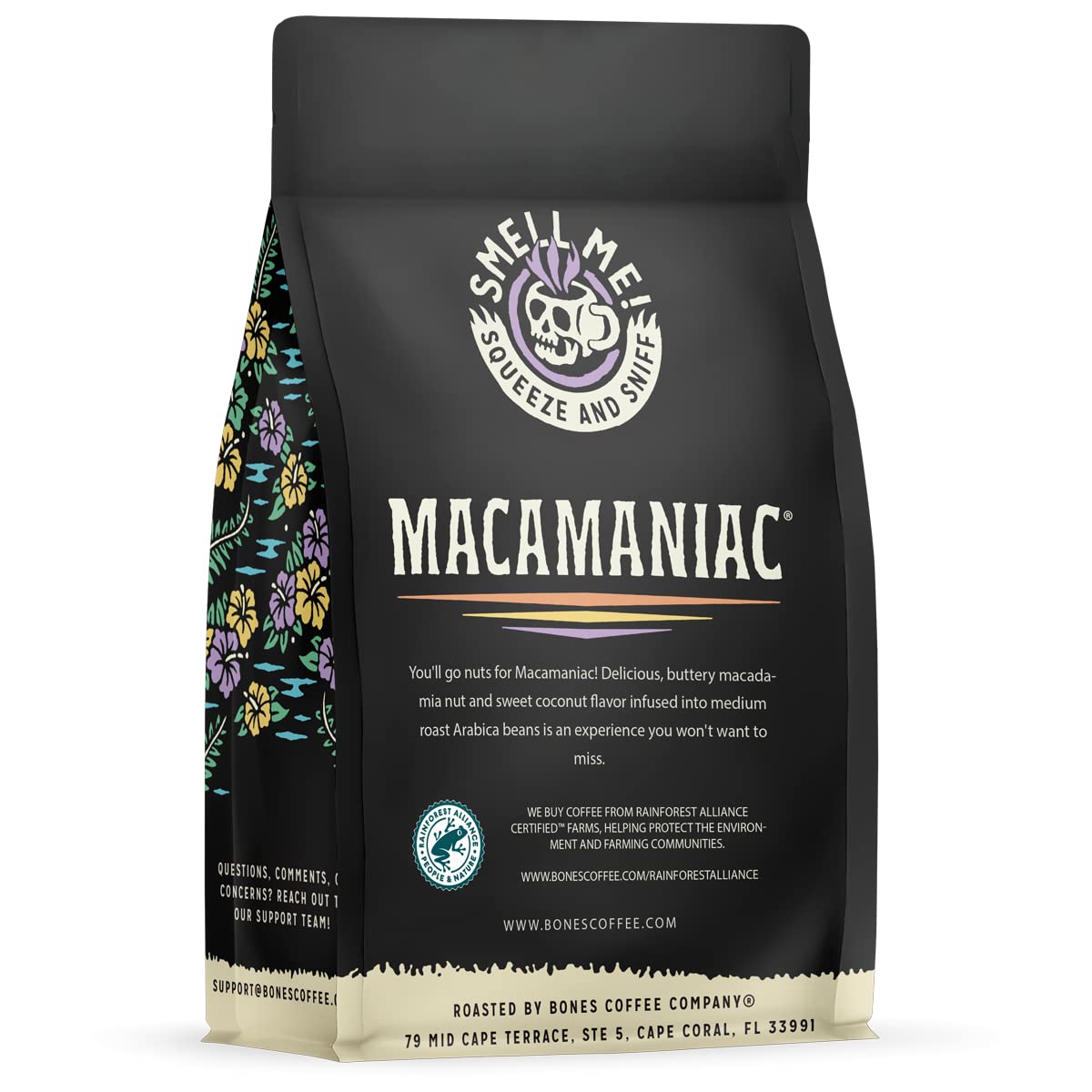 Bones Coffee Company Macamaniac, Macadamia and Coconut Flavored Coffee, Medium Roast Low Acid Arabica Beans Compatible with Auto drip and French Press