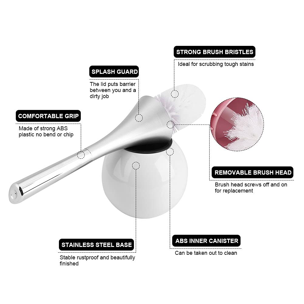 Toilet Brush Stainless Steel and Canister Toilet Bowl Brush and Holder for Bathroom Storage Strong White