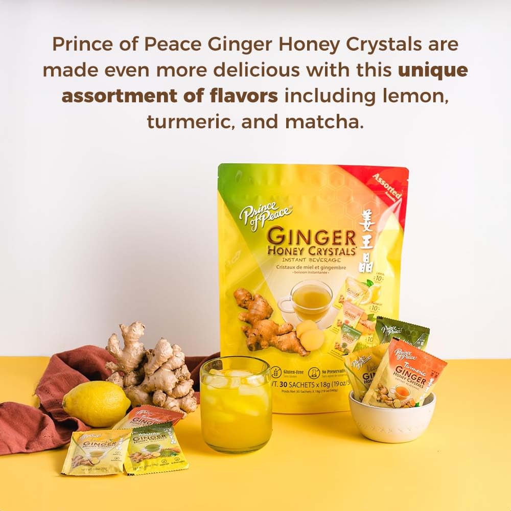 Prince of Peace Instant Ginger Honey Crystals Assorted, 30 Sachets - Instant Hot or Cold Beverage that Soothes Throat - Easy to Brew - Drink Like a