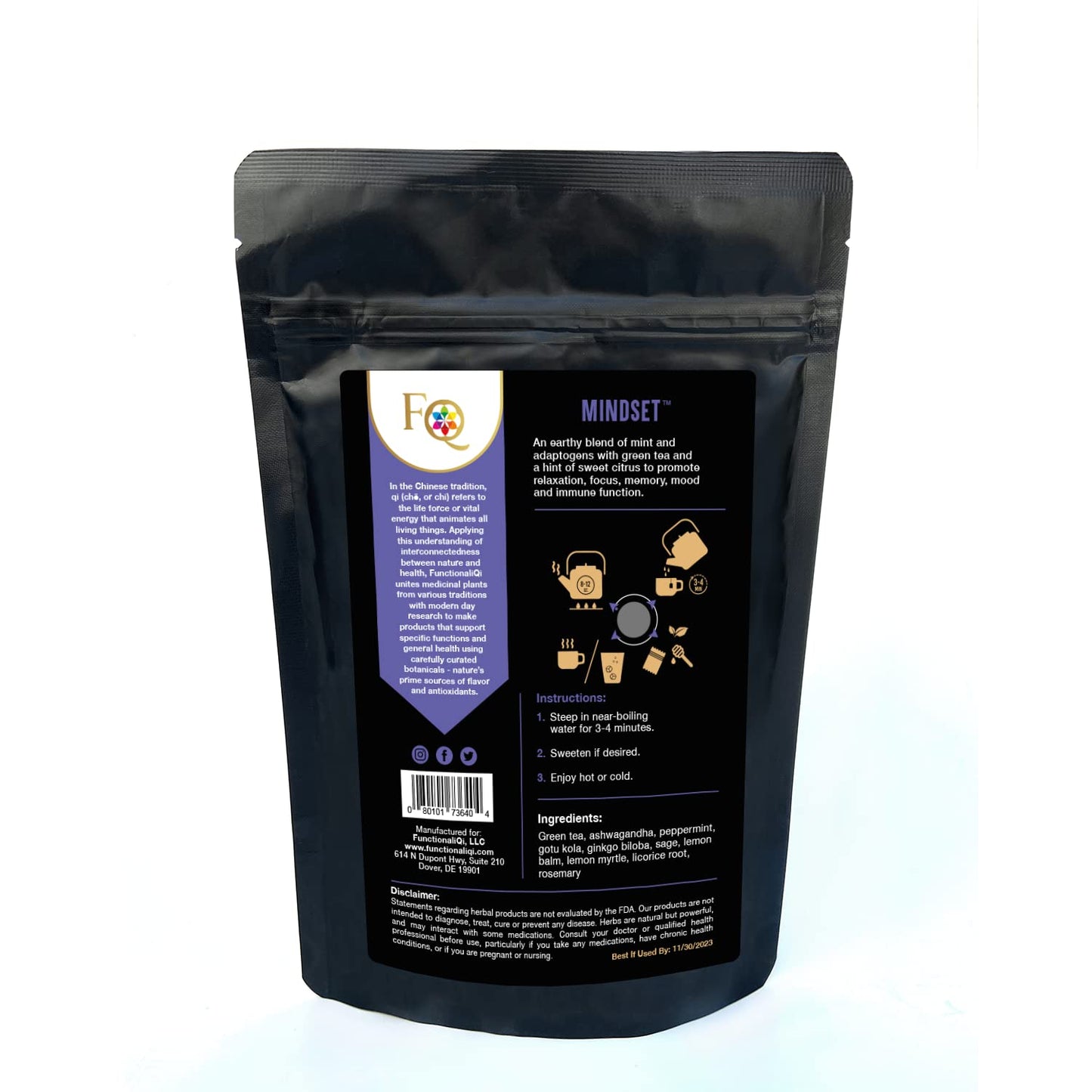 FunctionaliQi Mindset Herbal Green Tea Blend, Peppermint Tea for Brain Health Focus Mood with Ashwagandha, Sage, Gotu Kola, Ginkgo Biloba, Lemon