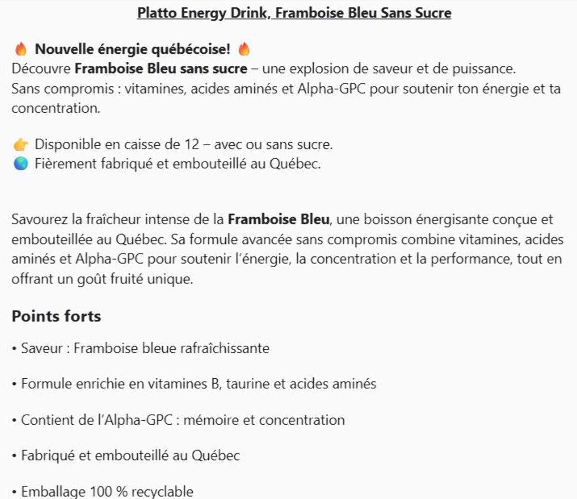 Platto Energy Drink, Blue Raspberry, Framboise Bleu, 12X473ML, Sans Sucre,Sugar Free,