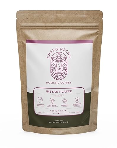 Energinseng Mushroom Coffee Instant Latte - Lion’s Mane, Reishi, Ginseng Adaptogen Coffee - Instant Coffee Alternative for Energy & Focus - Arabica