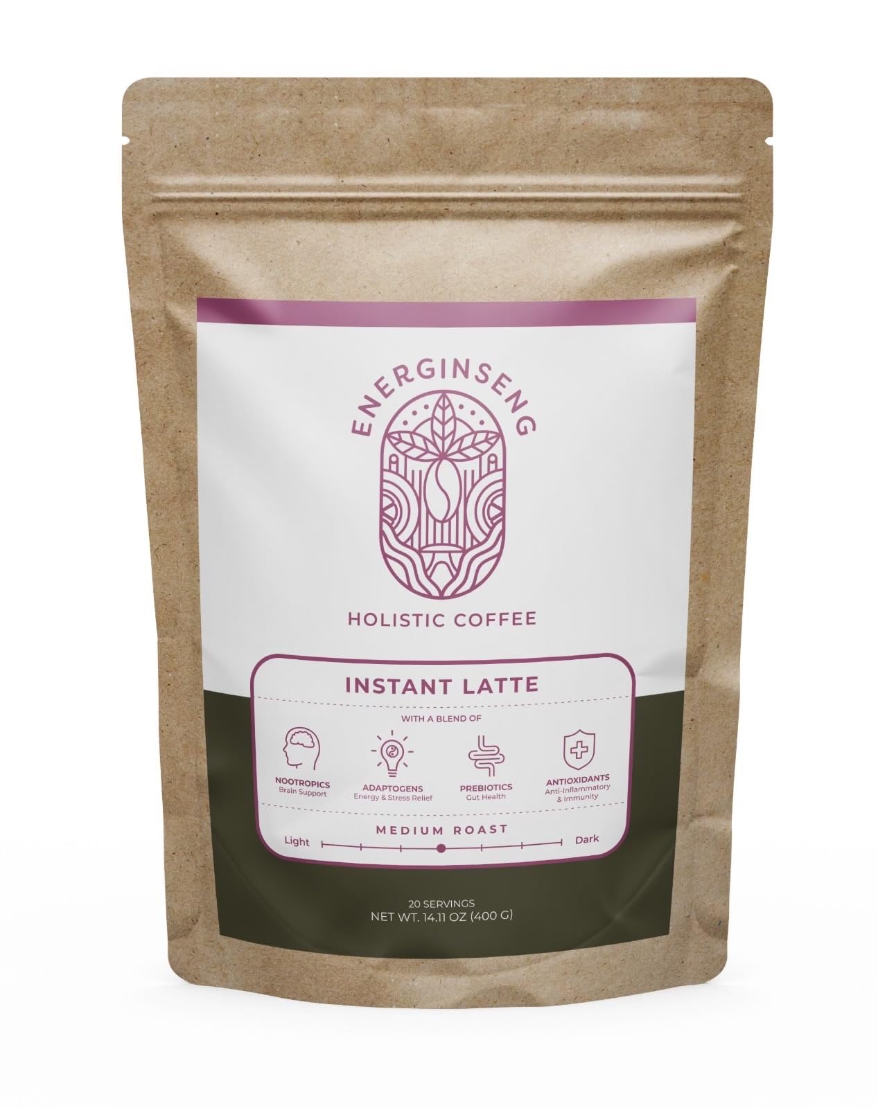 Energinseng Mushroom Coffee Instant Latte - Lion’s Mane, Reishi, Ginseng Adaptogen Coffee - Instant Coffee Alternative for Energy & Focus - Arabica