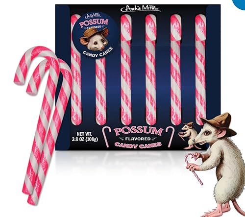 Archie McPhee Possum Flavored Pink & Gray Striped Candy Canes - Stocking Stuffers - Christmas Candy - Gift Box of 6 pieces Fun Novelty Candy