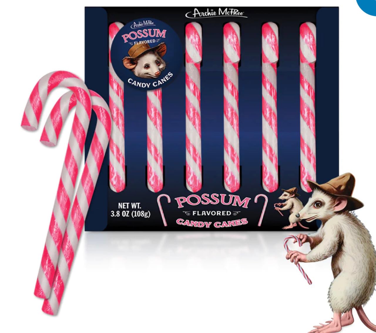 Archie McPhee Possum Flavored Pink & Gray Striped Candy Canes - Stocking Stuffers - Christmas Candy - Gift Box of 6 pieces Fun Novelty Candy