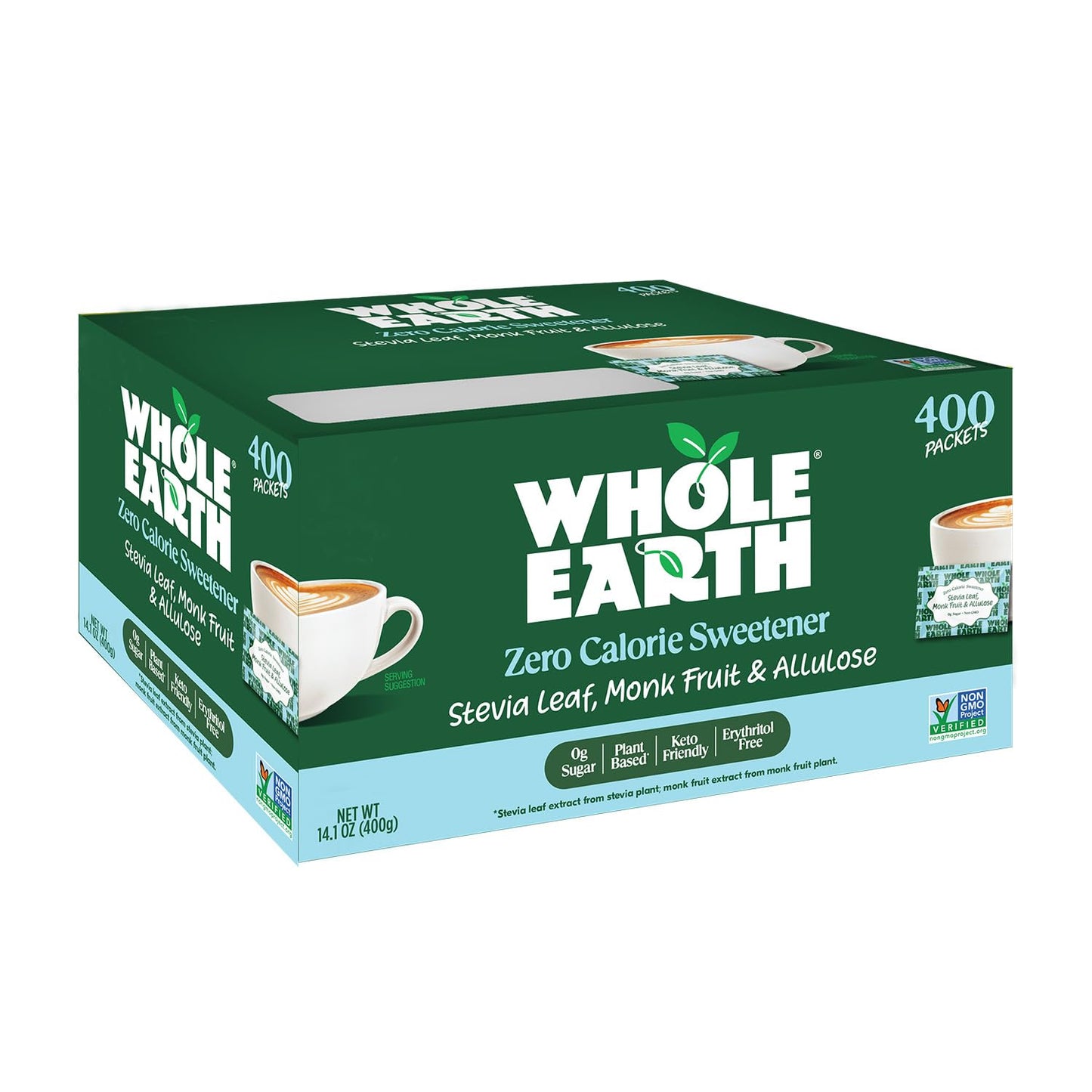Whole Earth Stevia & Monk Fruit with Allulose Sweetener Packets, 400 Count Pouch, Zero Calorie, Keto-Friendly