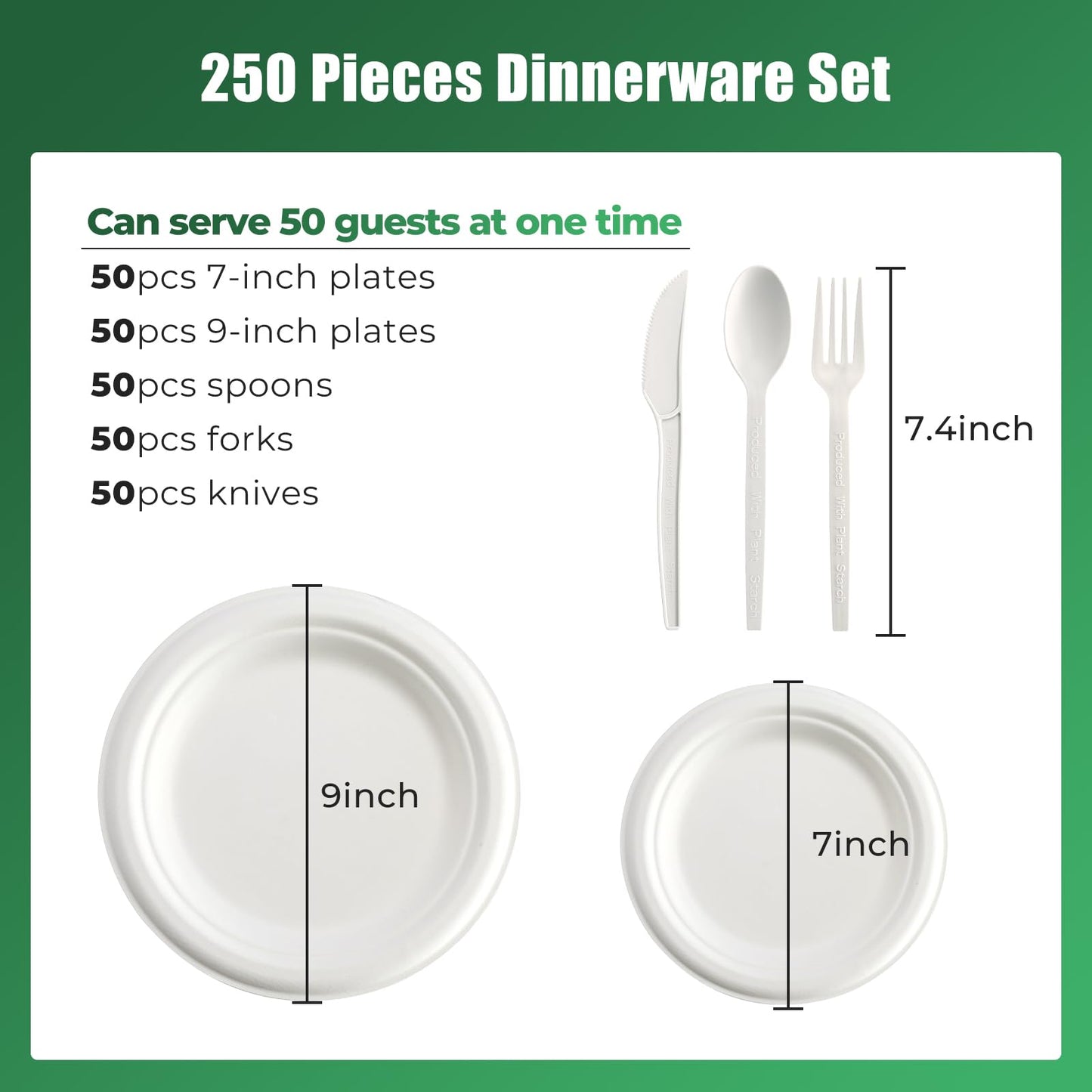 250 Pcs Biodegradable Paper Plates Set Disposable Dinnerware Set, Eco Friendly Compostable (EXTRA LONG UTENSILS), Utensil include, Forks, Knives