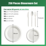 250 Pcs Biodegradable Paper Plates Set Disposable Dinnerware Set, Eco Friendly Compostable (EXTRA LONG UTENSILS), Utensil include, Forks, Knives