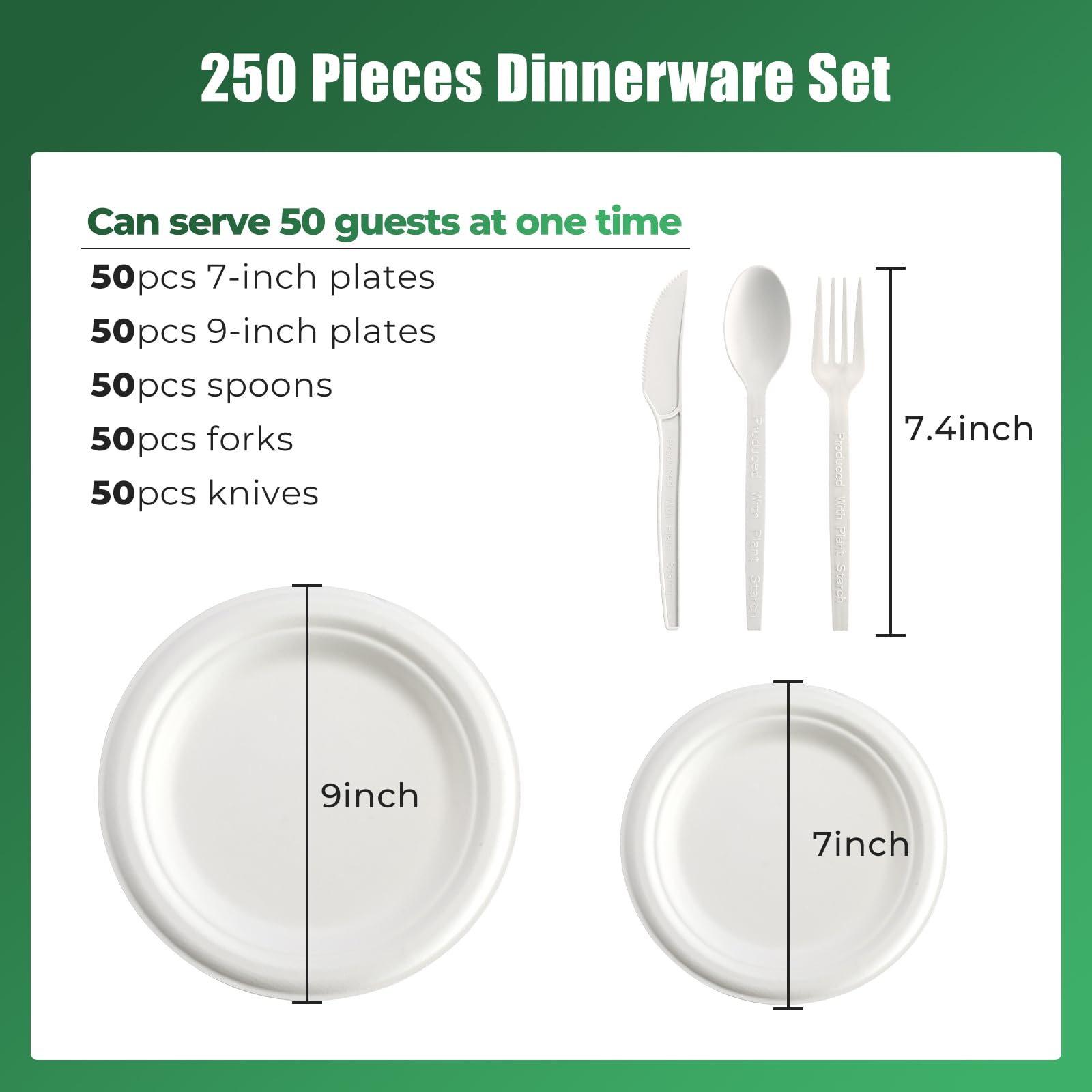 250 Pcs Biodegradable Paper Plates Set Disposable Dinnerware Set, Eco Friendly Compostable (EXTRA LONG UTENSILS), Utensil include, Forks, Knives