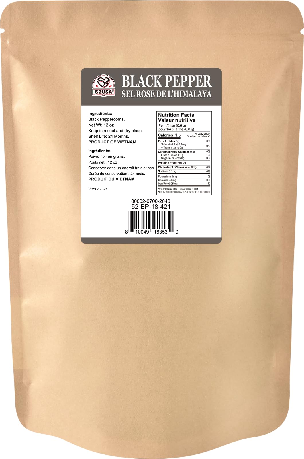 52USA Black Peppercorns, 12oz (Pack of 1), Peppercorns for Grinder Refill, Gluten-Free, Kosher, Whole Peppercorns, All Natural Black Pepper